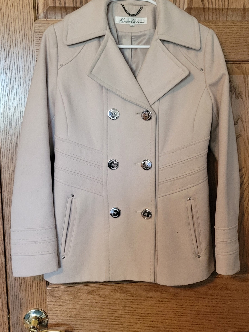 Kenneth Cole Cream Double-Breasted Peacoat Jacket